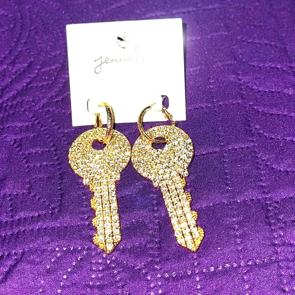Gold Tone Key Style Pierced Earrings - Picture 3 of 4